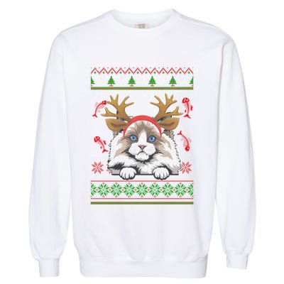 Cute Reindeer Ragdoll Cat Xmas Lights Ugly Christmas Sweater Long Sleeve Garment-Dyed Sweatshirt