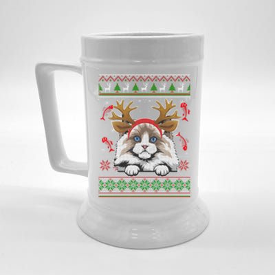 Cute Reindeer Ragdoll Cat Xmas Lights Ugly Christmas Sweater Long Sleeve Beer Stein