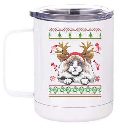 Cute Reindeer Ragdoll Cat Xmas Lights Ugly Christmas Sweater Long Sleeve 12 oz Stainless Steel Tumbler Cup