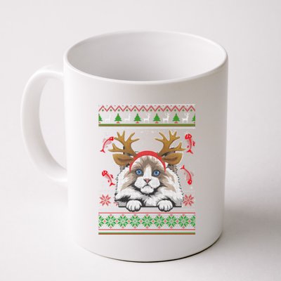 Cute Reindeer Ragdoll Cat Xmas Lights Ugly Christmas Sweater Long Sleeve Coffee Mug