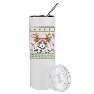 Cute Reindeer Ragdoll Cat Xmas Lights Ugly Christmas Sweater Long Sleeve Stainless Steel Tumbler