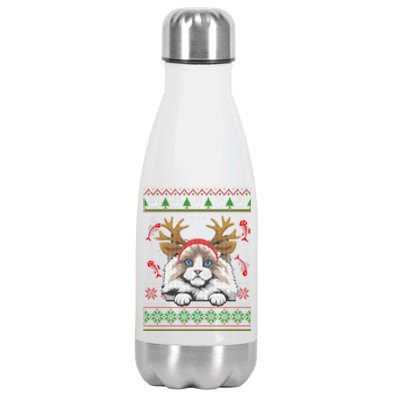 Cute Reindeer Ragdoll Cat Xmas Lights Ugly Christmas Sweater Long Sleeve Stainless Steel Insulated Water Bottle