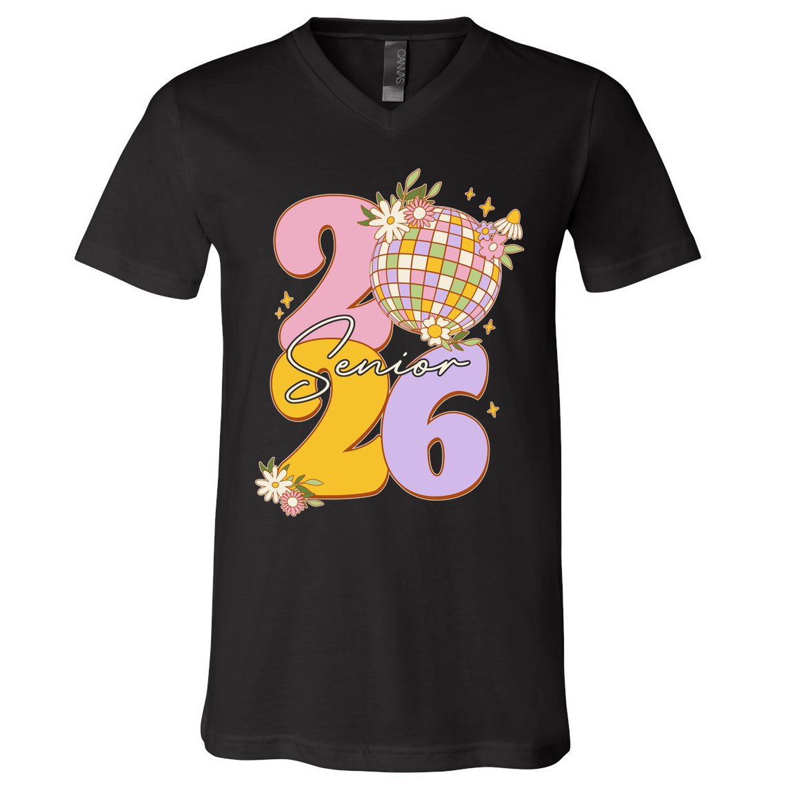 Cute Retro Senior 2026 Disco Ball Flowers Graduate Graduation V-Neck T-Shirt