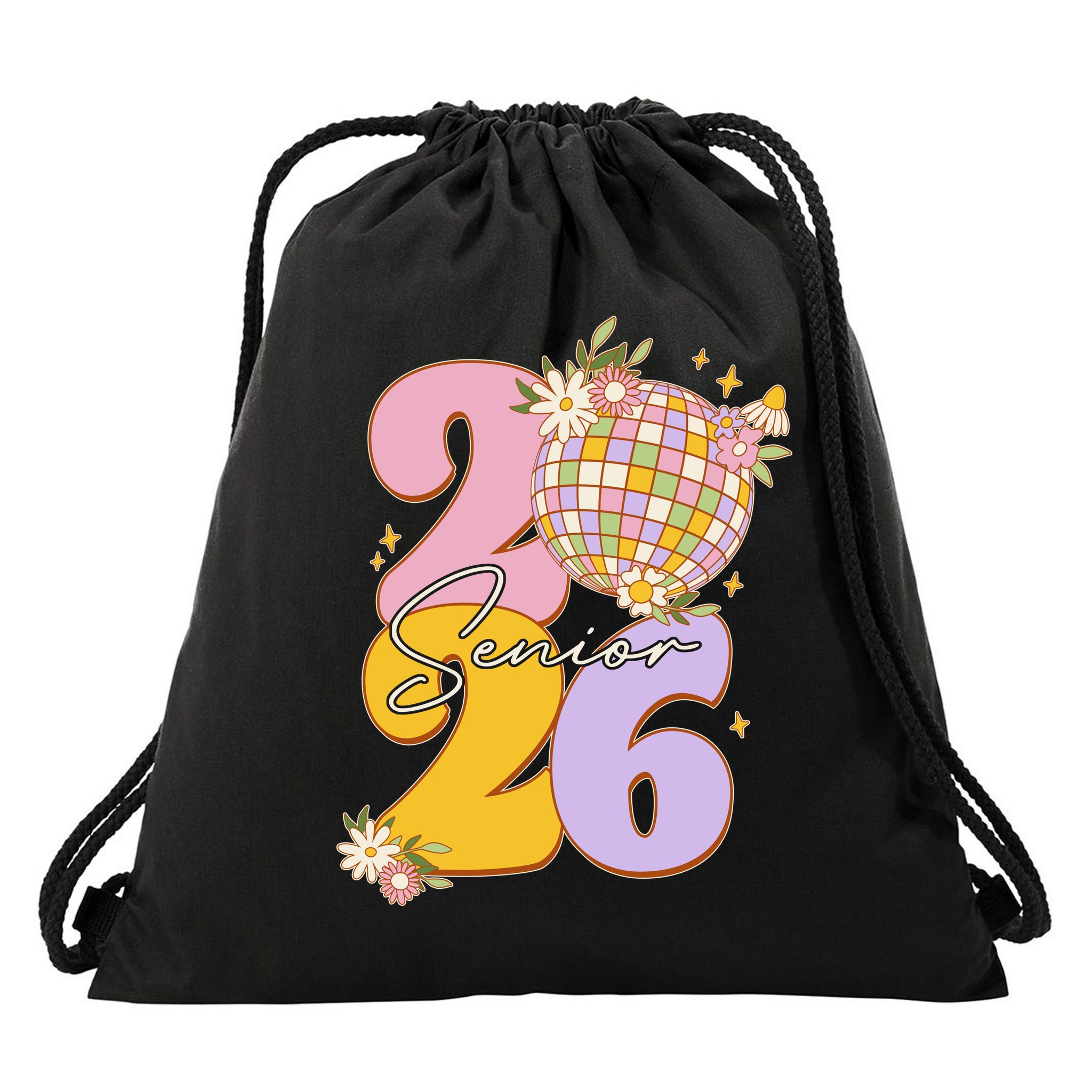 Cute Retro Senior 2026 Disco Ball Flowers Graduate Graduation Drawstring Bag