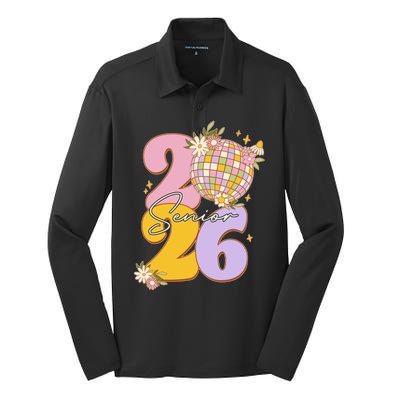 Cute Retro Senior 2026 Disco Ball Flowers Graduate Graduation Silk Touch Performance Long Sleeve Polo