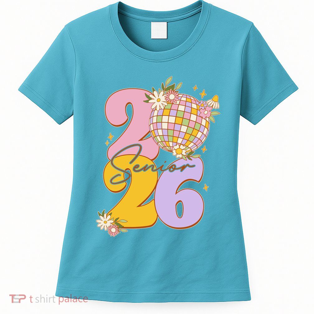 Cute Retro Senior 2026 Disco Ball Flowers Graduate Graduation Womens T-Shirt