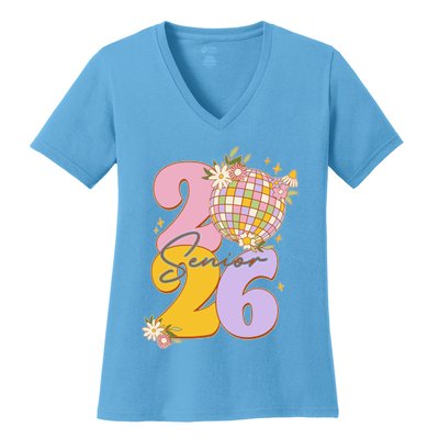 Cute Retro Senior 2026 Disco Ball Flowers Graduate Graduation Women's V-Neck T-Shirt