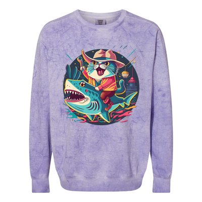 Cat Riding Shark Colorblast Crewneck Sweatshirt