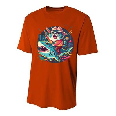 Cat Riding Shark Performance Sprint T-Shirt