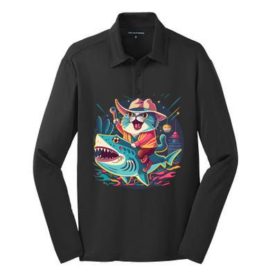 Cat Riding Shark Silk Touch Performance Long Sleeve Polo