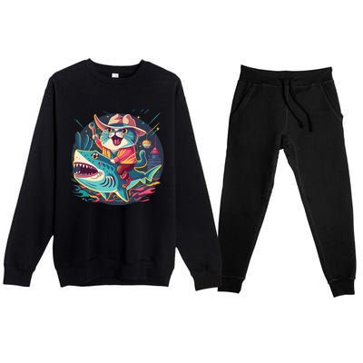 Cat Riding Shark Premium Crewneck Sweatsuit Set