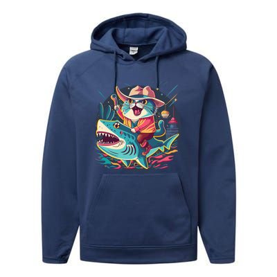 Cat Riding Shark Performance Fleece Hoodie