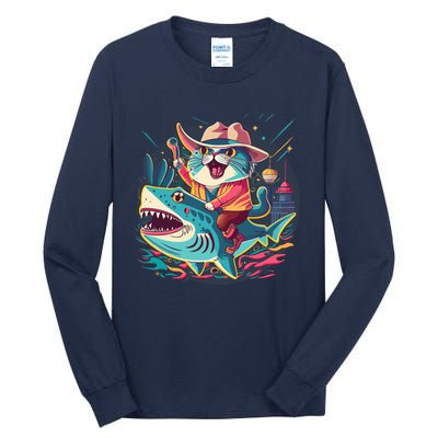 Cat Riding Shark Tall Long Sleeve T-Shirt