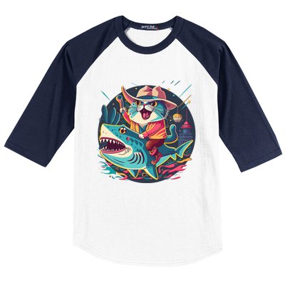 Cat Riding Shark Baseball Sleeve Shirt