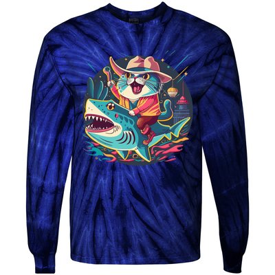 Cat Riding Shark Tie-Dye Long Sleeve Shirt