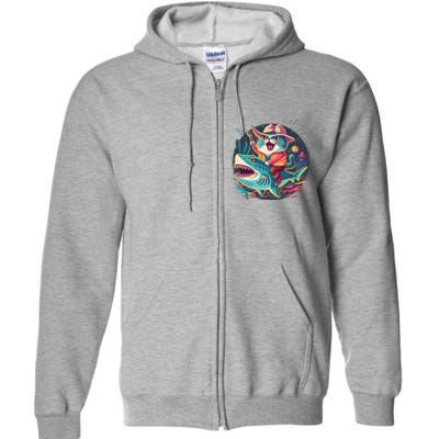 Cat Riding Shark Full Zip Hoodie