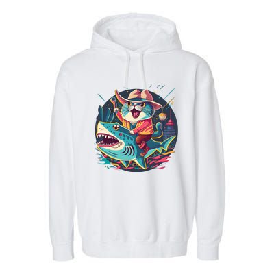 Cat Riding Shark Garment-Dyed Fleece Hoodie