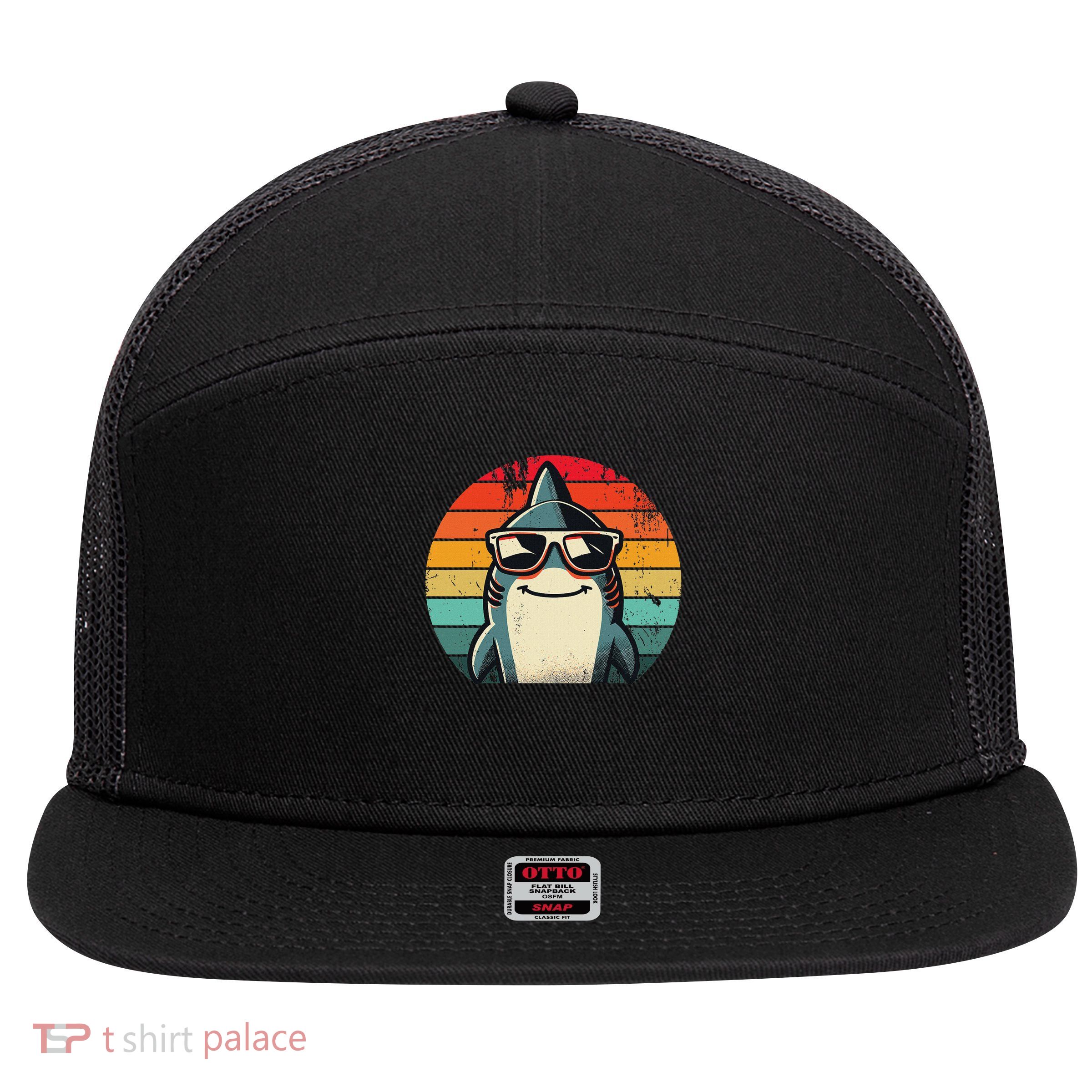 Cool Retro Shark In Sunglasses 70s 80s 90s Funny Shark 7 Panel Mesh Trucker Snapback Hat