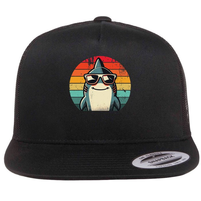 Cool Retro Shark In Sunglasses 70s 80s 90s Funny Shark Flat Bill Trucker Hat