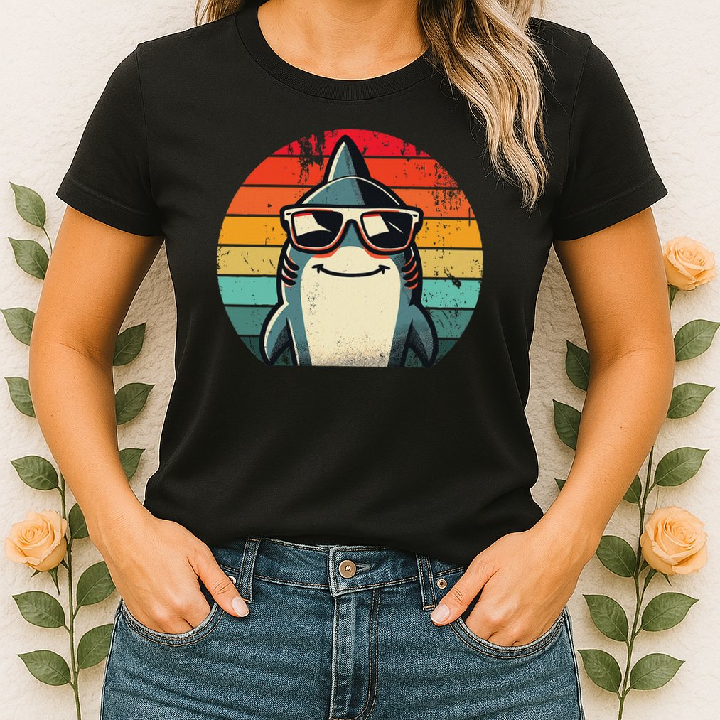Cool Retro Shark In Sunglasses 70s 80s 90s Funny Shark Womens T-Shirt