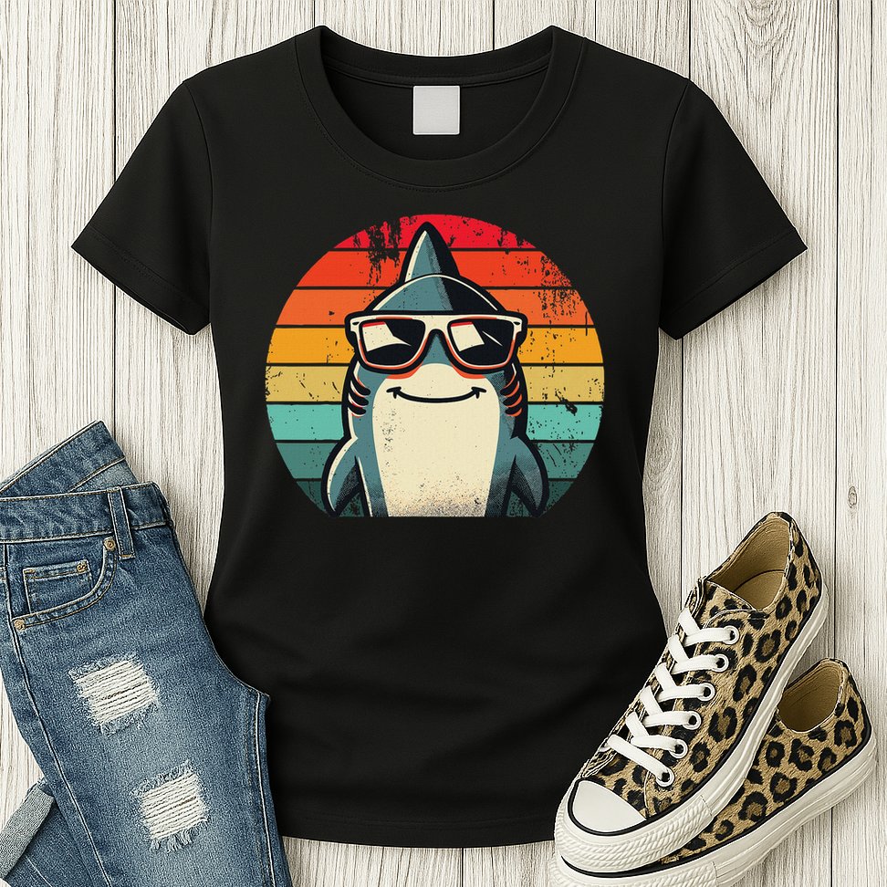 Cool Retro Shark In Sunglasses 70s 80s 90s Funny Shark Womens T-Shirt