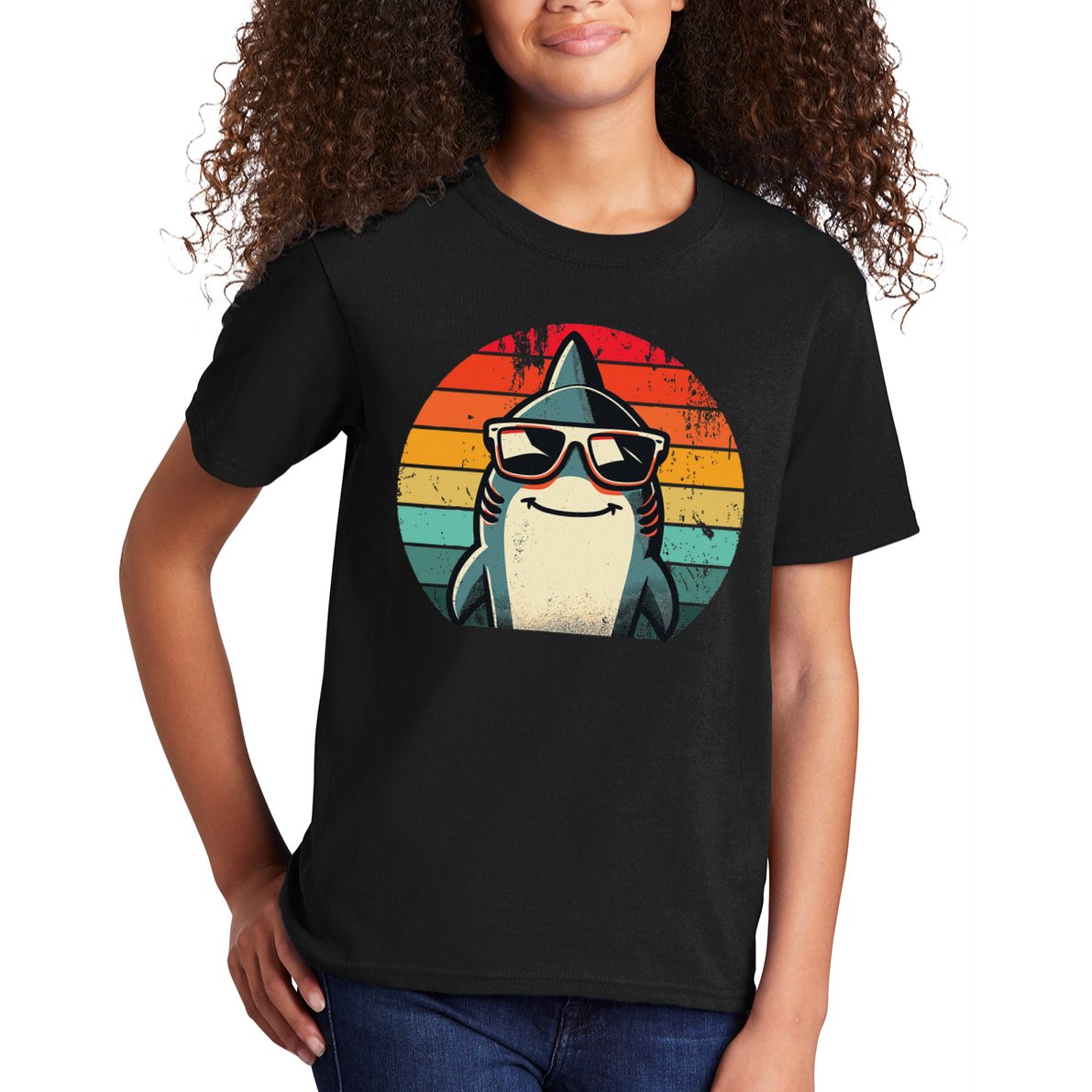 Cool Retro Shark In Sunglasses 70s 80s 90s Funny Shark Kids T-Shirt