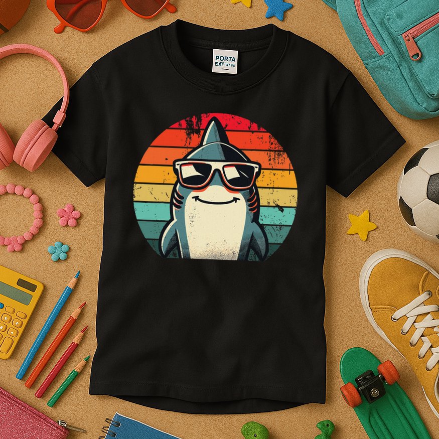 Cool Retro Shark In Sunglasses 70s 80s 90s Funny Shark Kids T-Shirt