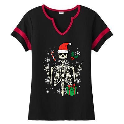 Christmas Rocker Skeleton Santa Rock Hand Xmas Ladies Halftime Notch Neck Tee