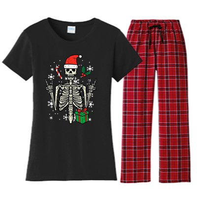 Christmas Rocker Skeleton Santa Rock Hand Xmas Women's Flannel Pajama Set