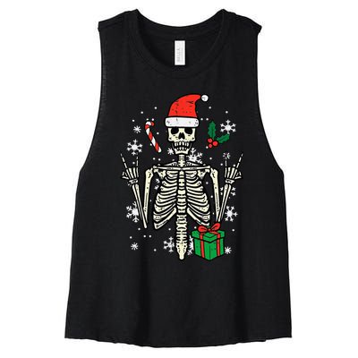 Christmas Rocker Skeleton Santa Rock Hand Xmas Women's Racerback Cropped Tank