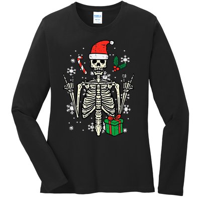 Christmas Rocker Skeleton Santa Rock Hand Xmas Ladies Long Sleeve Shirt