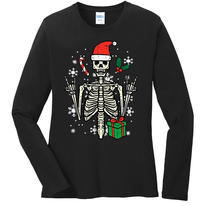 Christmas Rocker Skeleton Santa Rock Hand Xmas Ladies Long Sleeve Shirt