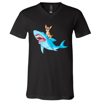 Chihuahua Riding Shark V-Neck T-Shirt