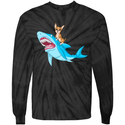 Chihuahua Riding Shark Tie-Dye Long Sleeve Shirt