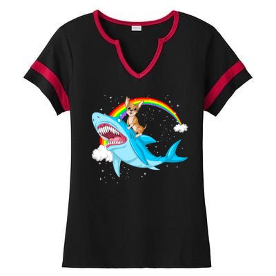 Chihuahua Riding Shark Ladies Halftime Notch Neck Tee