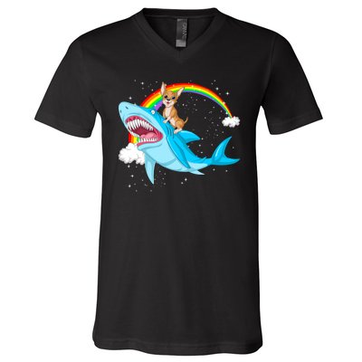 Chihuahua Riding Shark V-Neck T-Shirt