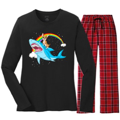 Chihuahua Riding Shark Women's Long Sleeve Flannel Pajama Set 