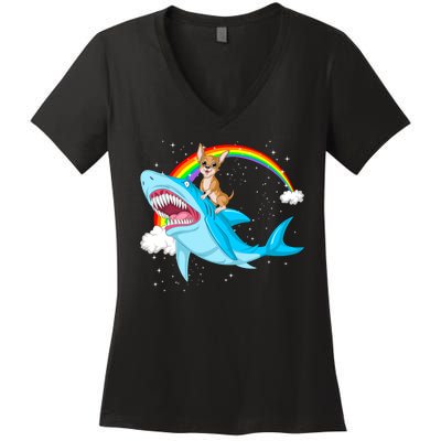 Chihuahua Riding Shark Women's V-Neck T-Shirt