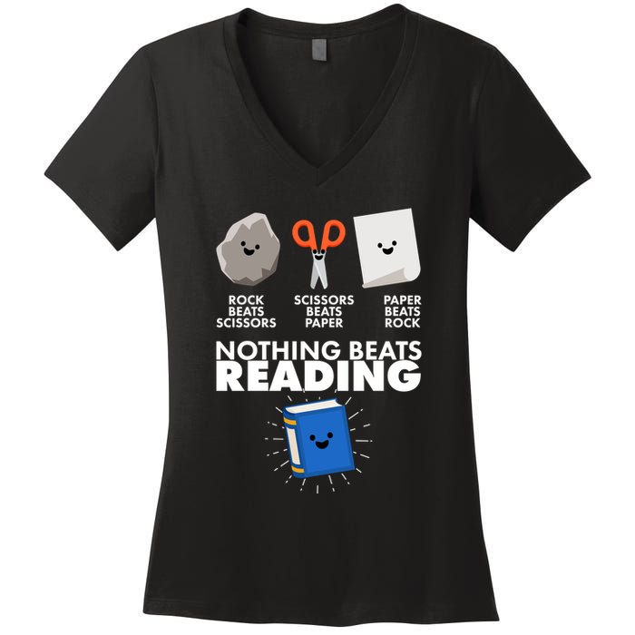 Cute Rock Scissors Paper Nothing Beats Reading Women's V-Neck T-Shirt