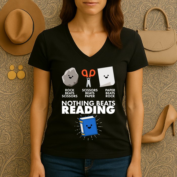 Cute Rock Scissors Paper Nothing Beats Reading Women's V-Neck T-Shirt