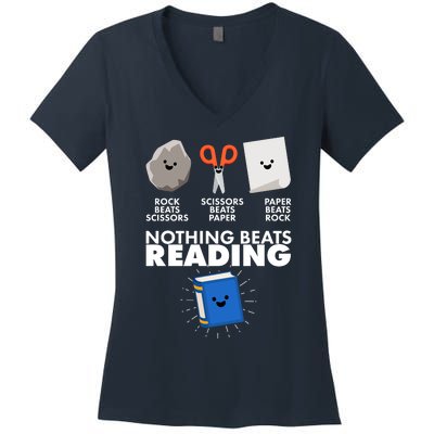 Cute Rock Scissors Paper Nothing Beats Reading Women's V-Neck T-Shirt