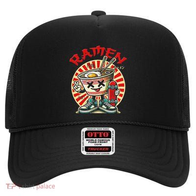 Cute Ramen Skater Kawaii Anime Skateboard Lover Ns High Crown Mesh Back Trucker Hat