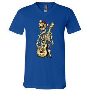 Christmas Rocker Skeleton Santa Rock Hand Xmas Great Gift V-Neck T-Shirt