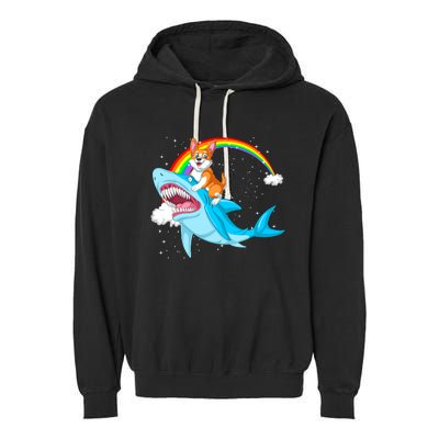 Corgi Riding Shark Garment-Dyed Fleece Hoodie