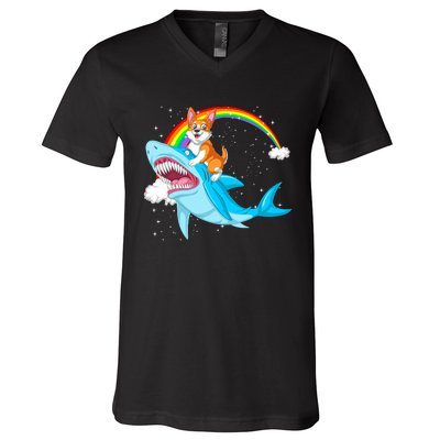 Corgi Riding Shark V-Neck T-Shirt