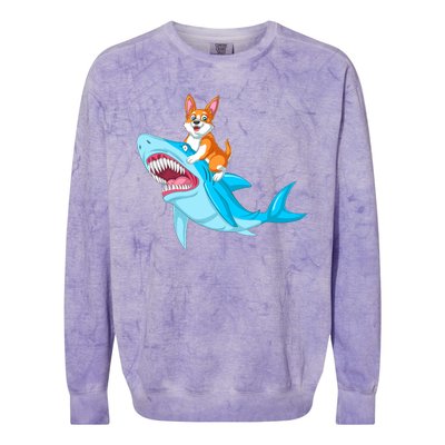 Corgi Riding Shark Colorblast Crewneck Sweatshirt