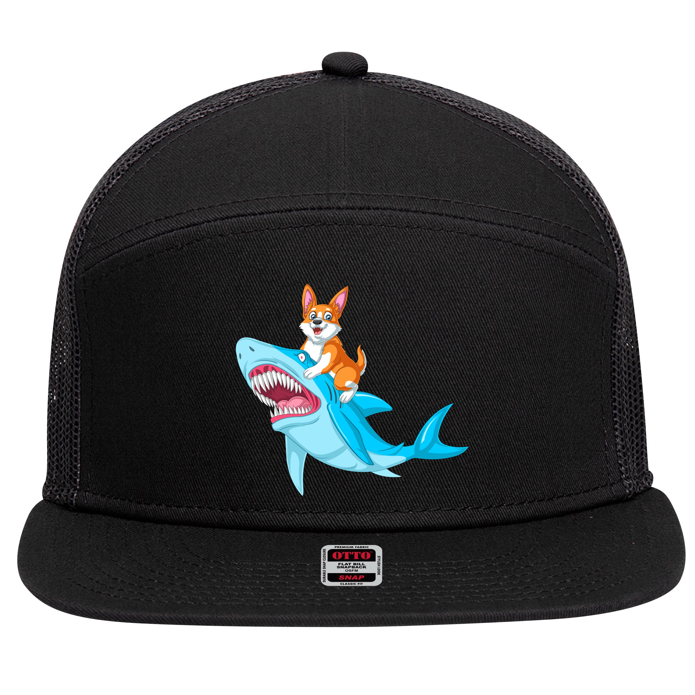 Corgi Riding Shark 7 Panel Mesh Trucker Snapback Hat