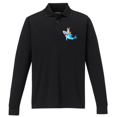 Corgi Riding Shark Performance Long Sleeve Polo