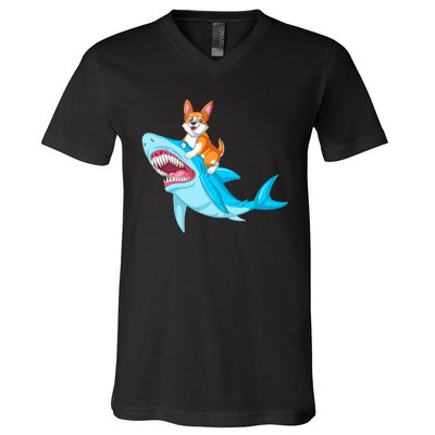 Corgi Riding Shark V-Neck T-Shirt