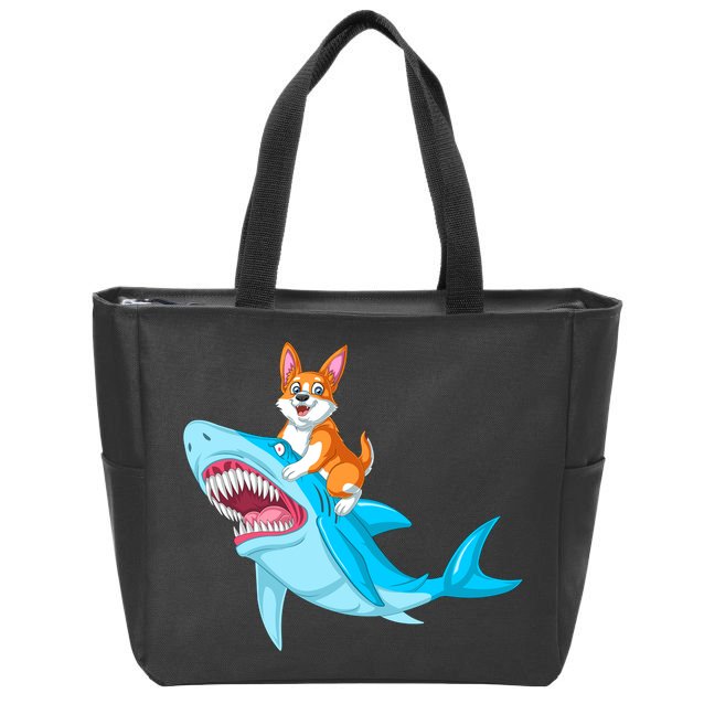 Corgi Riding Shark Zip Tote Bag